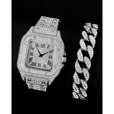 2pcs Rhinestone Square Quartz Watch & Chain Bracelet Set - silver