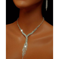 2pcs Rhinestone Tassel Necklace & Drop Earrings Wedding Bridal Jewelry Set - silver