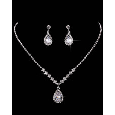 2pcs Rhinestone Teardrop Earrings & Pendant Necklace Wedding Bridal Jewelry Set - silver