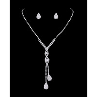 2pcs Rhinestone Teardrop Earrings & Tassel Pendant Necklace Wedding Bridal Jewelry Set - silver