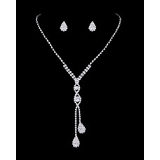 2pcs Rhinestone Teardrop Earrings & Tassel Pendant Necklace Wedding Bridal Jewelry Set - silver