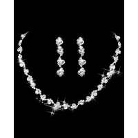 2PCS Rhinestone Wave Chain Necklace & Stud Drop Earrings Evening Party Wedding Jewelry Set - white