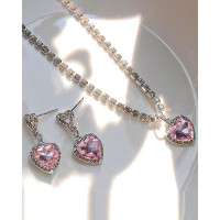 2pcs Rhinestone Zircon Heart Pendant Necklace & Drop Earrings Jewelry Set - pink