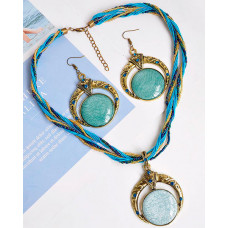 2pcs Round Gem Stone Necklace & Drop Earrings Bohemian Jewelry Set - blue