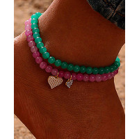 2pcs Stackable Crystal Stone Beaded Heart Anklets Set - Multicolor