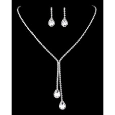 2pcs Teardrop Tassel Rhinestone Necklace & Drop Earrings Jewelry Set - silver