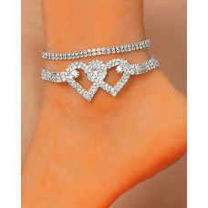 2PCS/Set Rhinestone Double Heart Stackable Anklets - style2