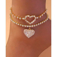 2PCS/Set Rhinestone Heart Chain Beach Anklet - gold