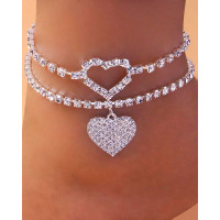 2PCS/Set Rhinestone Heart Chain Beach Anklet - silver