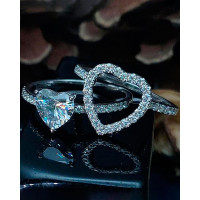 2PCS/Set Rhinestone Heart Shaped Couple Matching Rings - silver