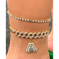 2PCS/Set Rhinestone Hollow Out Letter Pattern Anklets - gold