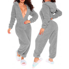 3D Ear Zipper Front Hooded Fluffy Lounge Jumpsuit - gray