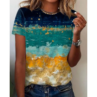 3D Landscape Painting Print Crew Neck T-shirt - Multicolor