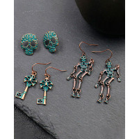 3Pairs Halloween Gothic Skeleton Skull Shaped Earrings Set - green 3Pairs Halloween Gothic Skeleton Skull Shaped Earrings Set - green