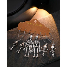 3Pairs Halloween Key Skull Skeleton Drop Earrings Set - silver