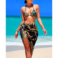 3PC Baroque Chain Print Halter Backless Bikini Set With Cover Up - black