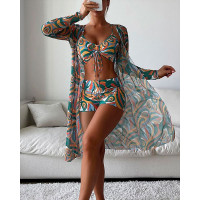 3PCS Abstract Print Drawstring Bikini Set With Cover Up - dark green