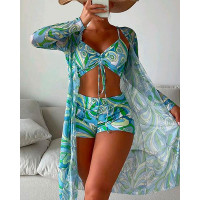 3PCS Abstract Print Drawstring Bikini Set With Cover Up - green