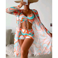 3PCS Abstract Print Drawstring Bikini Set With Cover Up - orange