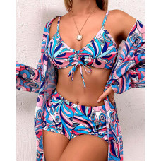 3PCS Abstract Print Drawstring Bikini Set With Cover Up - purple