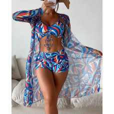 3PCS Allover Print Drawstring Bikini Set With Cover Up - blue