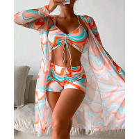 3PCS Allover Print Drawstring Bikini Set With Cover Up - orange