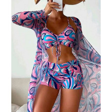 3PCS Allover Print Drawstring Bikini Set With Cover Up - purple