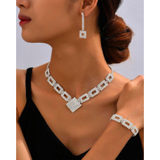 3PCS Allover Rhinestone Hollow Out Square Pendant Necklace & Drop Earrings & Bracelet Evening Party Wedding Jewelry Set - white