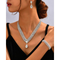 3PCS Allover Rhinestone Waterdrop Pendant Necklace & Drop Earrings & Wide Bracelet Wedding Bridal Jewelry Set - white