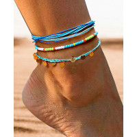 3pcs Bohemian Beaded Disc Pendant Beach Anklets Set - blue