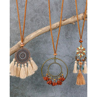 3pcs Boho Ethnic Style Sundry Colors Tassel Pendant Necklaces Set - brown