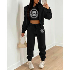 3PCS But God Rhinestone Crop Top & Pants Set With Coat - black