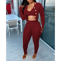 3PCS Cable Knit Crop Top & High Waist Pants Set With Cardigan - Wine red