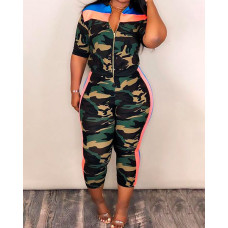 3PCS Camo Print Striped Side Tracksuit - Army green