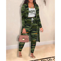 3PCS Camouflage Print Cami Top & Pants Set With Coat - camoflage