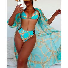 3PCS Chain Print Lace-up Bikini Set With Cover Up - blue