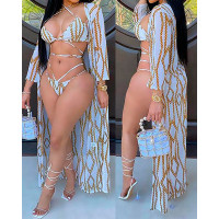 3PCS Chain Print Tied Detail Cutout Bikini Set With Cover Up - Multicolor