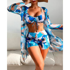 3PCS Colorblock Drawstring Bikini Set With Cover Up - blue