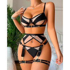 3PCS Colorblock Sheer Mesh Garter Lingerie Set - black