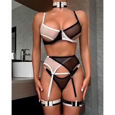 3PCS Colorblock Sheer Mesh Garter Lingerie Set - blackwhite