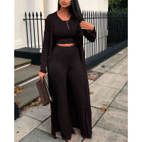 3PCS Crop Top & Pants Set With Longline Coat - black