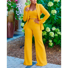 3PCS Double Breasted Blazer & Pants Set With Crop Top - yellow