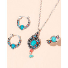 3pcs Feather Turquoise Pendant Necklace & Hoop Earrings & Ring Jewelry Set - silver