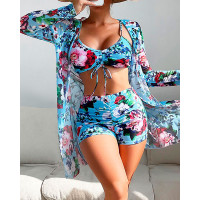 3PCS Floral Print Drawstring Bikini Set With Cover Up - blue