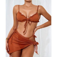 3PCS Frill Hem Tie Front Bikini Set With Cover Up Skirt - brown