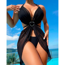 3PCS Halter Bikini Set With Heart Buckle Cover Up - black