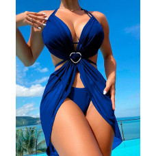 3PCS Halter Bikini Set With Heart Buckle Cover Up - blue