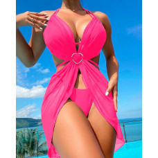 3PCS Halter Bikini Set With Heart Buckle Cover Up - hot pink