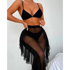 3PCS Halter Bikini Set With Sheer Mesh Ruffles Cover Up Pants - black