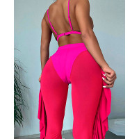 3PCS Halter Bikini Set With Sheer Mesh Ruffles Cover Up Pants - hot pink